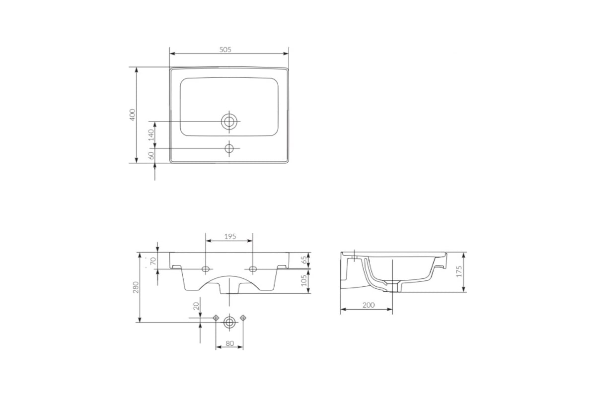 Раковина на столешницу crea 50 rectangular 0 отв