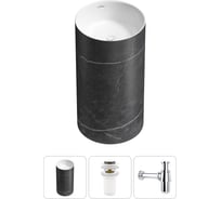 Напольная раковина отдельностоящая Wellsee Chalice Perfection в наборе 3 в 1, раковина-моноблок из акрила, цвет матовый черный мрамор / белый глянец 20212923R