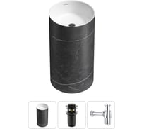 Напольная раковина отдельностоящая Wellsee Chalice Perfection в наборе 3 в 1, раковина-моноблок из акрила, цвет матовый черный мрамор / белый глянец 20212921R