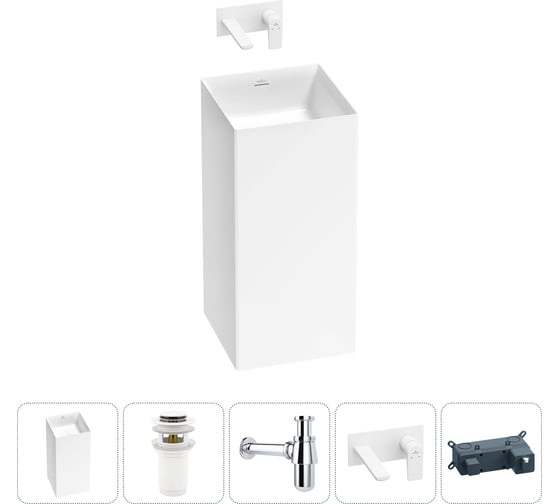 Напольная раковина отдельно стоящая Wellsee Pure BY в наборе 4 в 1, раковина-моноблок из акрила, цвет белый глянец 20213225R 1
