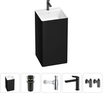 Напольная раковина отдельно стоящая Wellsee Pure BY в наборе 5 в 1, раковина-моноблок из акрила, цвет матовый черный / белый глянец 20213295R