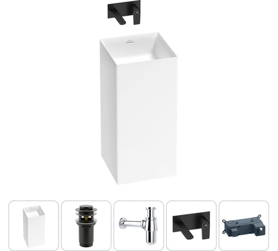 Напольная раковина отдельно стоящая Wellsee Pure BY в наборе 4 в 1, раковина-моноблок из акрила, цвет белый глянец 20213223R 1