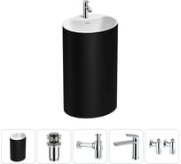 Напольная раковина отдельно стоящая Wellsee Coquillage в наборе 5 в 1, раковина-моноблок из акрила, цвет матовый черный / белый глянец 20213162R