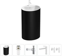 Напольная раковина отдельно стоящая Wellsee Coquillage в наборе 5 в 1, раковина-моноблок из акрила, цвет матовый черный / белый глянец 20213165R