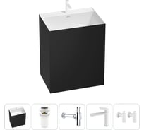 Напольная раковина отдельно стоящая Wellsee Doux в наборе 5 в 1, раковина-моноблок из акрила, цвет матовый черный / белый глянец 20213213R