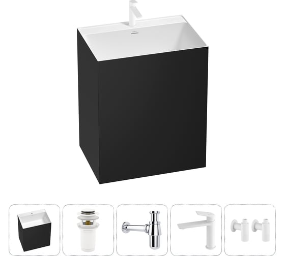 Напольная раковина отдельно стоящая Wellsee Doux в наборе 5 в 1, раковина-моноблок из акрила, цвет матовый черный / белый глянец 20213213R 1