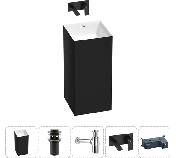 Напольная раковина отдельно стоящая Wellsee Pure BY в наборе 4 в 1, раковина-моноблок из акрила, цвет матовый черный / белый глянец 20213247R 1
