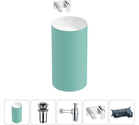 Напольная раковина отдельностоящая Wellsee Chalice Perfection в наборе 4 в 1, раковина-моноблок из акрила, цвет матовый светло-зеленый / белый глянец 20212953R 1