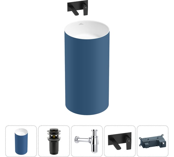 Напольная раковина отдельностоящая Wellsee Chalice Perfection в наборе 4 в 1, раковина-моноблок из акрила, цвет матовый темно-синий / белый глянец 20212971R 1