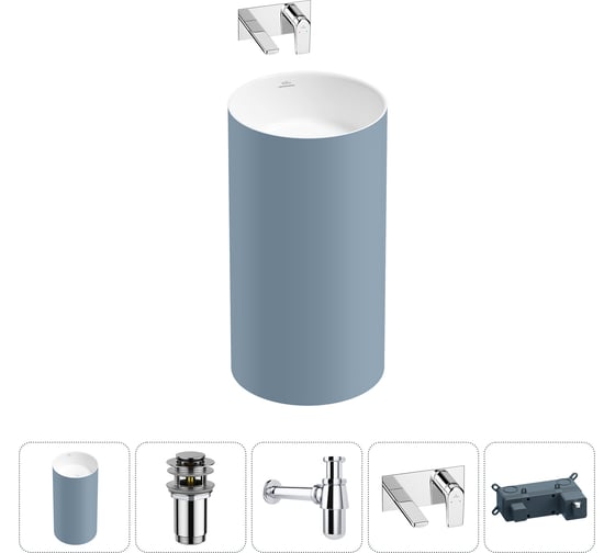 Напольная раковина отдельностоящая Wellsee Chalice Perfection в наборе 4 в 1, раковина-моноблок из акрила, цвет матовый светло-синий / белый глянец 20212961R 1