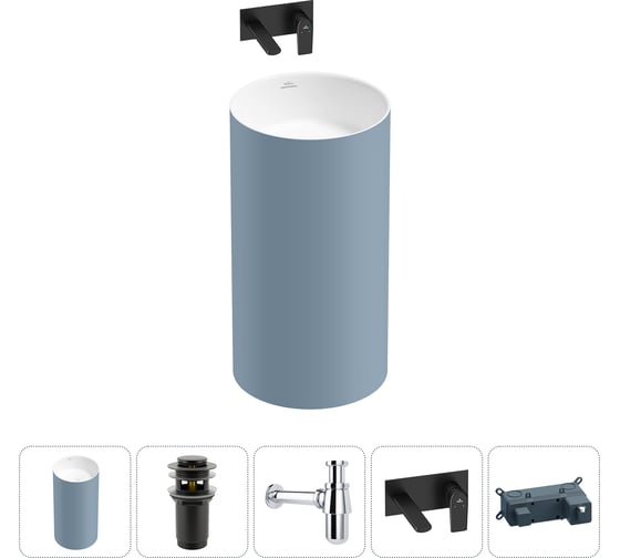 Напольная раковина отдельностоящая Wellsee Chalice Perfection в наборе 4 в 1, раковина-моноблок из акрила, цвет матовый светло-синий / белый глянец 20212962R 1