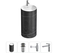 Напольная раковина отдельностоящая Wellsee Chalice Perfection в наборе 4 в 1, раковина-моноблок из акрила, цвет матовый черный мрамор / белый глянец 20213038R