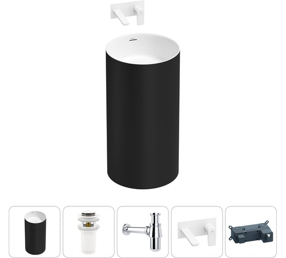 Напольная раковина отдельностоящая Wellsee Chalice Perfection в наборе 4 в 1, раковина-моноблок из акрила, цвет матовый черный / белый глянец 20212915R 1