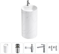 Напольная раковина отдельностоящая Wellsee Chalice Perfection в наборе 5 в 1, раковина-моноблок из акрила, цвет матовый белый мрамор / белый глянец 20213070R