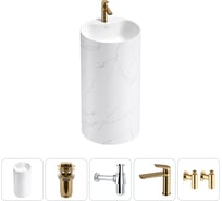 Напольная раковина отдельностоящая Wellsee Chalice Perfection в наборе 5 в 1, раковина-моноблок из акрила, цвет матовый белый мрамор / белый глянец 20213072R