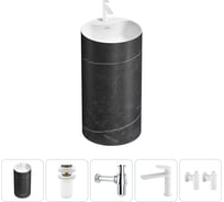 Напольная раковина отдельностоящая Wellsee Chalice Perfection в наборе 5 в 1, раковина-моноблок из акрила, цвет матовый черный мрамор / белый глянец 20213045R