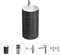 Напольная раковина отдельностоящая Wellsee Chalice Perfection в наборе 5 в 1, раковина-моноблок из акрила, цвет матовый черный мрамор / белый глянец 20213042R