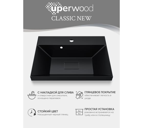 Раковина для ванной uperwood Classic New_60 см, с декоративной крышкой для слива, черная глянцевая RClassicNew60bg
