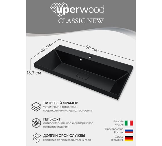 Раковина для ванной uperwood Classic New_90 см, с декоративной крышкой для слива, черная глянцевая RClassicNew90bg