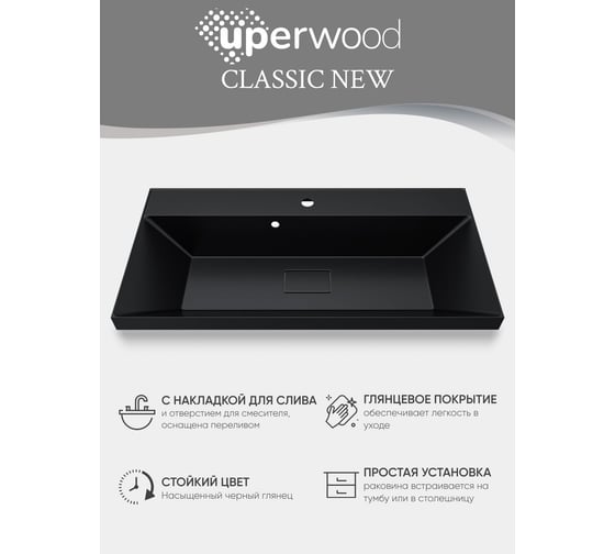 Раковина для ванной uperwood Classic New_90 см, с декоративной крышкой для слива, черная глянцевая RClassicNew90bg
