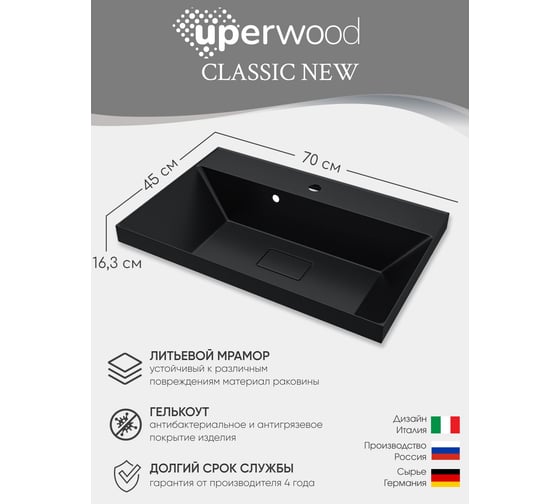 Раковина для ванной uperwood Classic New_70 см, с декоративной крышкой для слива, черная глянцевая RClassicNew70bg