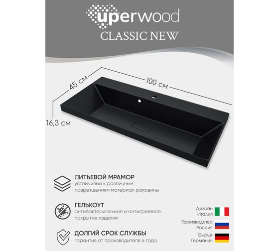 Раковина для ванной uperwood Classic New_100 см, с декоративной крышкой для слива, черная глянцевая RClassicNew100bg