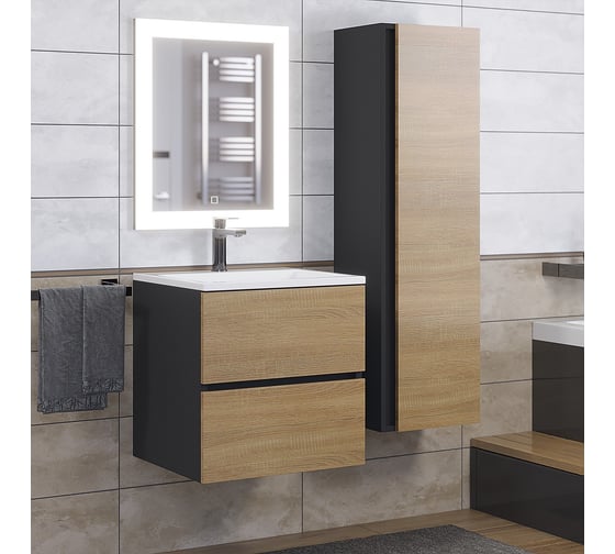 Тумба с раковиной для ванной для ванной uperwood Barsa 50 см, раковина белая, подвесная тумба черная/дуб сонома 29830205647