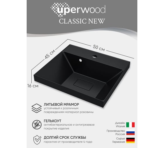 Раковина для ванной uperwood Classic New_50 см, с декоративной крышкой для слива, черная глянцевая RClassicNew50bg