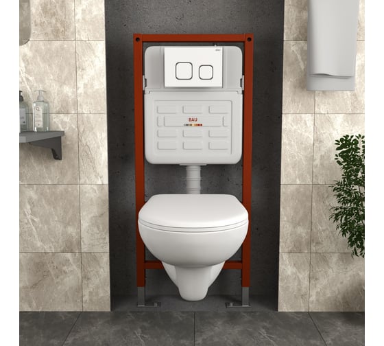 Комплект Bauedge BAU 6 в 1: инсталляция BAU PRO для подвесного унитаза, унитаз подвесной безободковый Bau Novo, быстросъемное сиденье микролифт, клавиша BAU Strike, белая/хром E458103-BN0111-E00104