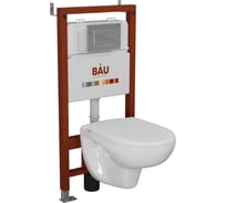 Комплект Bauedge BAU 6 в 1: инсталляция BAU PRO для подвесного унитаза, унитаз подвесной безободковый Bau Novo, быстросъемное сиденье микролифт, кнопка смыва BAU Stil, хром Q111300-BN0111-Q00002