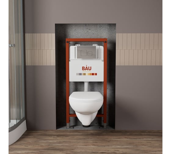 Комплект Bauedge BAU 6 в 1: инсталляция BAU PRO для подвесного унитаза, унитаз подвесной безободковый Bau Novo, быстросъемное сиденье микролифт, квадратная хромированная клавиша Q111300-BN0111-01.02.09