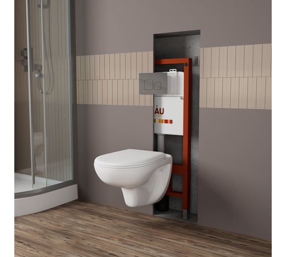 Комплект Bauedge BAU 6 в 1: инсталляция BAU PRO для подвесного унитаза, унитаз подвесной безободковый Bau Novo, быстросъемное сиденье микролифт, квадратная хромированная клавиша Q111300-BN0111-01.02.09