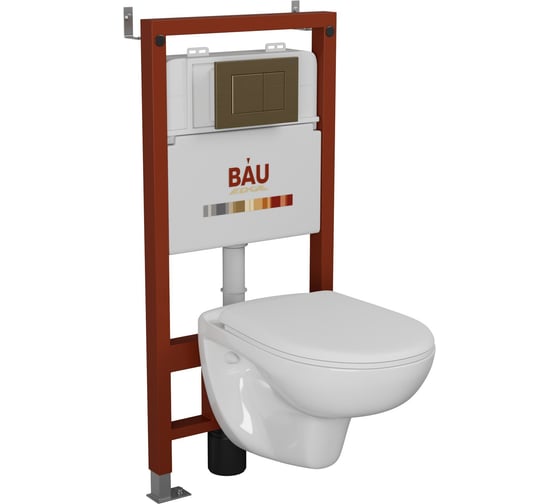 Комплект Bauedge BAU 6 в 1: инсталляция BAU PRO для подвесного унитаза, унитаз подвесной безободковый Bau Novo, быстросъемное сиденье микролифт, кнопка смыва BAU Stil, бронза Q111300-BN0111-Q00012 1