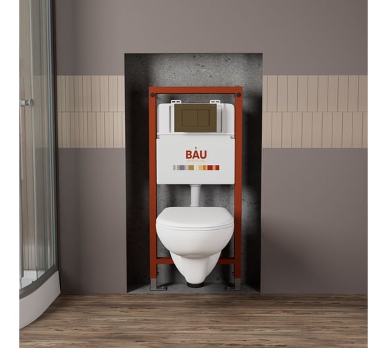 Комплект Bauedge BAU 6 в 1: инсталляция BAU PRO для подвесного унитаза, унитаз подвесной безободковый Bau Novo, быстросъемное сиденье микролифт, кнопка смыва BAU Stil, бронза Q111300-BN0111-Q00012