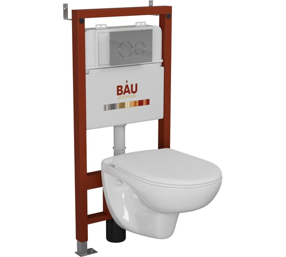 Комплект Bauedge BAU 6 в 1: инсталляция BAU PRO для подвесного унитаза, унитаз подвесной безободковый Bau Novo, быстросъемное сиденье микролифт, круглая хромированная клавиша Aquanika Q111300-BN0111-01.02.19 1