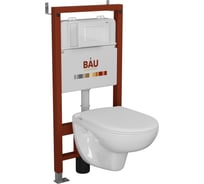 Комплект Bauedge BAU 6 в 1: инсталляция BAU PRO для подвесного унитаза, унитаз подвесной безободковый Bau Novo, быстросъемное сиденье микролифт, кнопка смыва BAU Stil, белый глянец Q111300-BN0111-Q00001