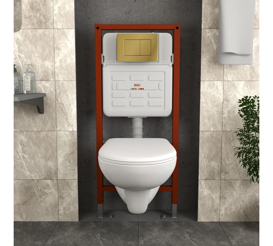 Комплект Bauedge BAU 6 в 1: инсталляция BAU PRO для подвесного унитаза, унитаз подвесной безободковый Bau Novo, быстросъемное сиденье микролифт, клавиша BAU Light, нержавеющая сталь, золото E458103-BN0111-E00108