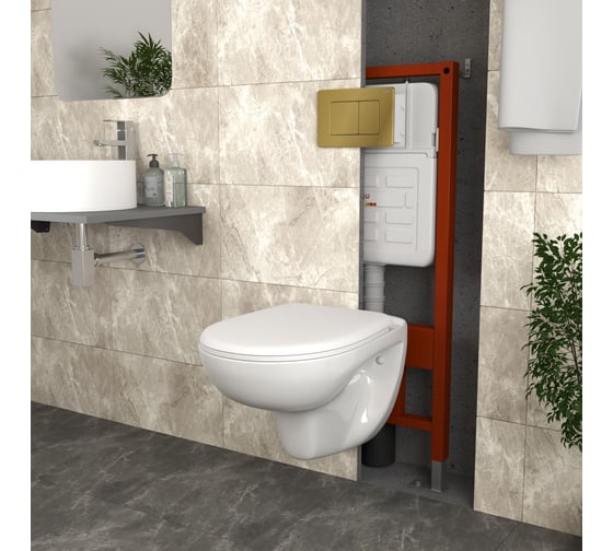 Комплект Bauedge BAU 6 в 1: инсталляция BAU PRO для подвесного унитаза, унитаз подвесной безободковый Bau Novo, быстросъемное сиденье микролифт, клавиша BAU Light, нержавеющая сталь, золото E458103-BN0111-E00108