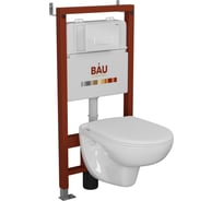 Комплект Bauedge BAU 6 в 1: инсталляция BAU PRO для подвесного унитаза, унитаз подвесной безободковый Bau Novo, быстросъемное сиденье микролифт, кнопка смыва BAU Hotel, белый глянец Q111300-BN0111-Q00006