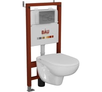 Комплект Bauedge BAU 6 в 1: инсталляция BAU PRO для подвесного унитаза, унитаз подвесной безободковый Bau Novo, быстросъемное сиденье микролифт, кнопка смыва BAU Soul, хром Q111300-BN0111-Q00016