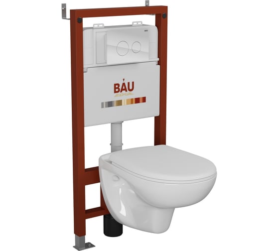 Комплект Bauedge BAU 6 в 1: инсталляция BAU PRO для подвесного унитаза, унитаз подвесной безободковый Bau Novo, быстросъемное сиденье микролифт, кнопка из стекла BAU Dream, белая Q111300-BN0111-Q00010