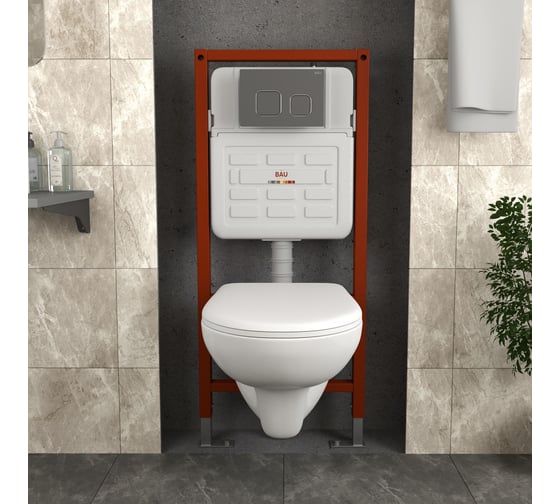 Комплект Bauedge BAU 6 в 1: инсталляция BAU PRO для подвесного унитаза, унитаз подвесной безободковый Bau Novo, быстросъемное сиденье микролифт, клавиша BAU, темно-серый металлик/хром E458103-BN0111-E00121