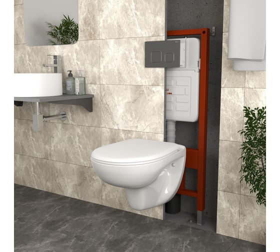 Комплект Bauedge BAU 6 в 1: инсталляция BAU PRO для подвесного унитаза, унитаз подвесной безободковый Bau Novo, быстросъемное сиденье микролифт, клавиша BAU, темно-серый металлик/хром E458103-BN0111-E00121