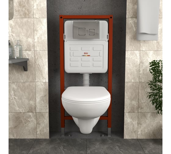 Комплект Bauedge BAU 6 в 1: инсталляция BAU PRO для подвесного унитаза, унитаз подвесной безободковый Bau Novo, быстросъемное сиденье микролифт, клавиша BAU Strike, хром E458103-BN0111-E00101