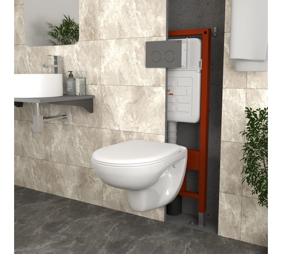 Комплект Bauedge BAU 6 в 1: инсталляция BAU PRO для подвесного унитаза, унитаз подвесной безободковый Bau Novo, быстросъемное сиденье микролифт, клавиша BAU, серый металлик E458103-BN0111-E00114