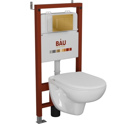 Комплект Bauedge BAU 6 в 1: инсталляция BAU PRO для подвесного унитаза, унитаз подвесной безободковый Bau Novo, быстросъемное сиденье микролифт, кнопка смыва BAU Stil, золото Q111300-BN0111-Q00013