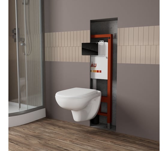 Комплект Bauedge BAU 6 в 1: инсталляция BAU PRO для подвесного унитаза, унитаз подвесной безободковый Bau Novo, быстросъемное сиденье микролифт, кнопка из стекла BAU Dream, черная Q111300-BN0111-Q00011