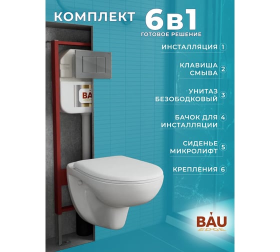 Комплект Bauedge BAU 6 в 1: рамная инсталляция, унитаз подвесной безободковый Bau Novo, быстросъемное сиденье микролифт, кнопка смыва BAU Stil, хром NEO45700-BN0111-Q00002