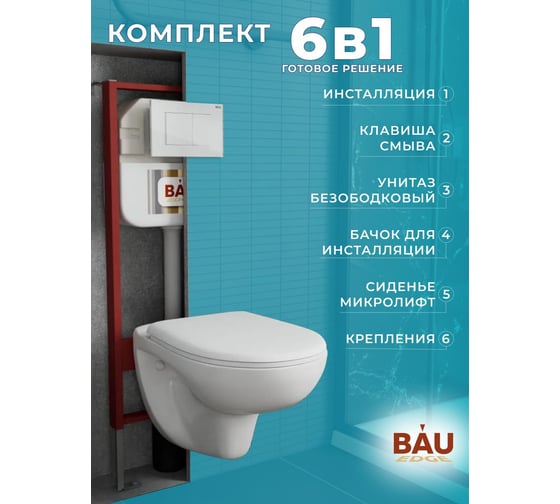 Комплект Bauedge BAU 6 в 1: рамная инсталляция, унитаз подвесной безободковый Bau Novo, быстросъемное сиденье микролифт, кнопка смыва BAU Stil, белый глянец NEO45700-BN0111-Q00001