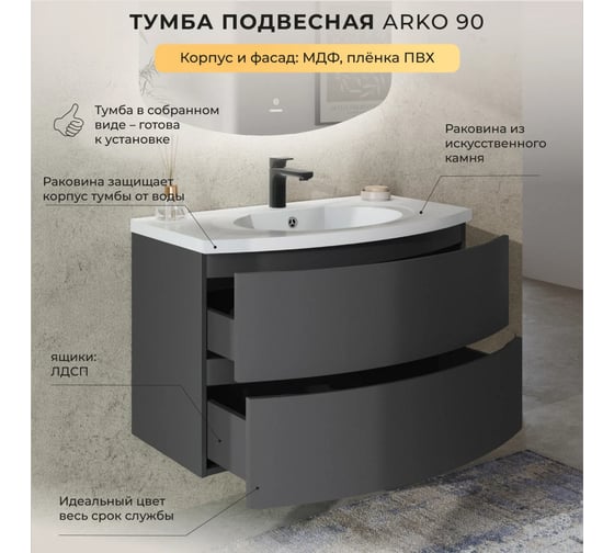 Тумба с раковиной подвесная ИТАНА Arko 90 с радиусными фасадами, 899х504х593 мм, графит 4657828217613
